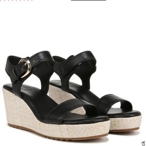 NATURALIZER STELLA ESPADRILLE WEDGE SANDAL SZ 10 BLACK LEATHER